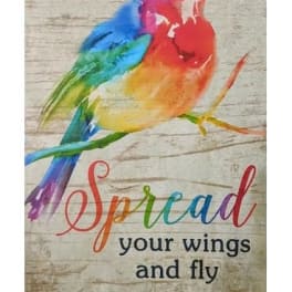 Colorful bird illustration on rustic sign with the phrase “Spread your wings and fly.”