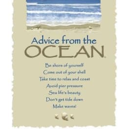 Beach-themed wall art with an ocean scene and blue inspirational text titled Advice from the Ocean.