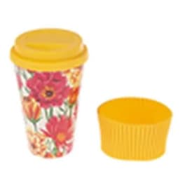 Floral-patterned travel cup with a yellow lid and matching yellow cap