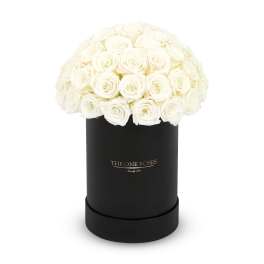 White roses arranged in a black cylindrical box