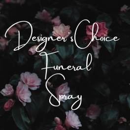 Pink funeral spray with dark foliage and white script text