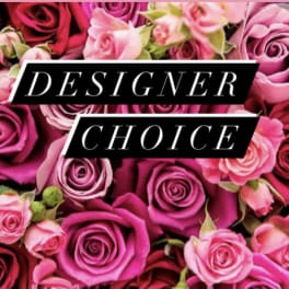 Pink and magenta roses with a "Designer Choice" label