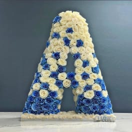 Large letter A covered in white and blue roses