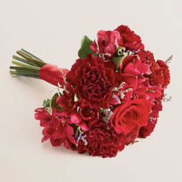 Red bouquet with carnations, roses, and tulips