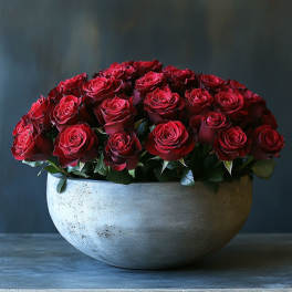 Red roses arranged in a round gray bowl