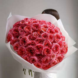 Large bouquet of pink roses wrapped in white paper