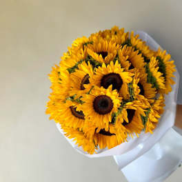 Bouquet of bright yellow sunflowers wrapped in white paper