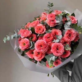 Bouquet of pink ranunculus with eucalyptus in white wrap