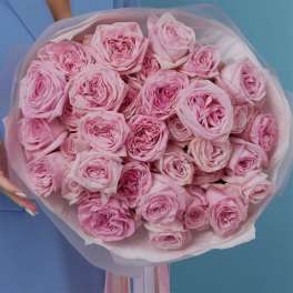 Bouquet of pink roses wrapped in pale pink paper