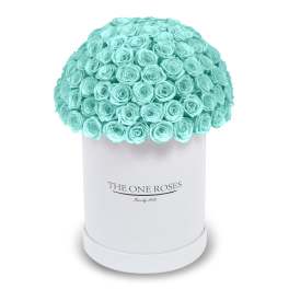 A dome of aqua roses in a white hat box