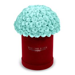 A dome of pale blue roses in a red round box