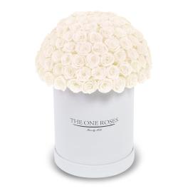 White roses arranged in a round hat box