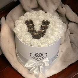 White rose box with a heart-shaped gold rose design and satin bow