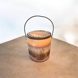 Small ceramic bucket with a beach sunset scene and wire handle