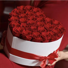 Heart-shaped box filled with red roses and tied with a red ribbon
