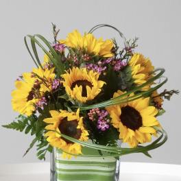 Sunflower bouquet in a square glass vase with pink filler flowers