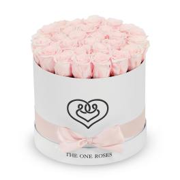 Box of pale pink roses with a ribbon bow