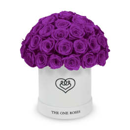 Purple roses arranged in a white hat box