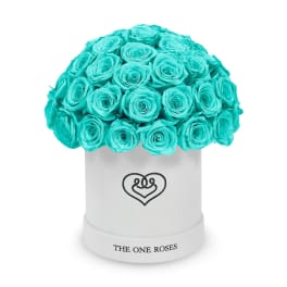 Turquoise roses arranged in a white round box