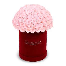 Pink roses arranged in a red velvet hat box