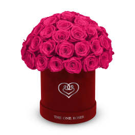 Hot pink roses arranged in a red velvet hat box
