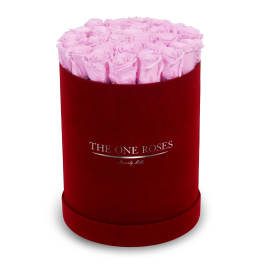 Pink roses arranged in a red round box