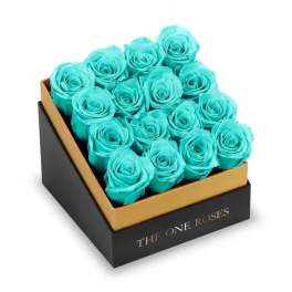 Box of turquoise roses in a black and gold gift box