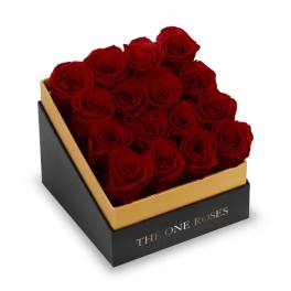 Box of red roses in a black and gold gift box