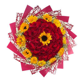 bouquet of 50 red roses and sunflowers