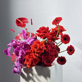 Red and purple floral arrangement with roses and gerbera daisies in a white pedestal vase