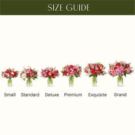 Size guide showing six pink floral arrangements in glass vases