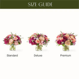 Three mixed flower arrangements in clear glass vases labeled standard, deluxe, and premium.