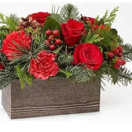 Red roses and carnations in a rectangular wooden box with evergreen accents