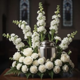 White floral funeral arrangement with a silver urn centerpiece