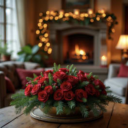 Red roses arranged in a low centerpiece with evergreen branches