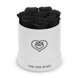 Black roses in a white round box with a heart logo