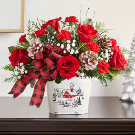 Red roses and carnations in a holiday tin with a plaid ribbon