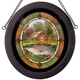 Round hanging stained-glass-style panel with a farm scene