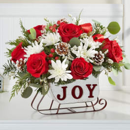 Red roses and white daisies in a JOY sleigh container