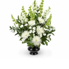White floral arrangement in a black vase with tall green spikes