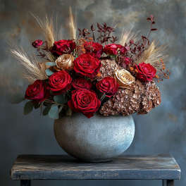 Red and cream roses in a round gray vase with dried grasses