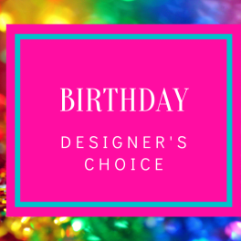 Pink birthday designer's choice card on a colorful confetti background