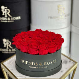 Round box filled with red roses