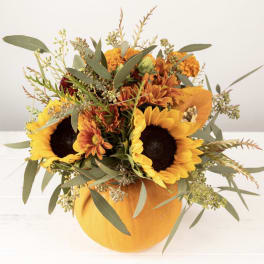 Sunflowers and orange blooms arranged in a pumpkin vase