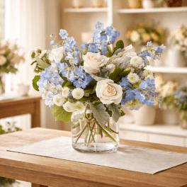 Glass vase arrangement of white roses, blue delphinium, and small white mums