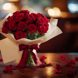 Bouquet of red roses wrapped in cream paper with a burgundy ribbon
