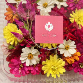 Assorted colorful flowers in a clear plastic gift box