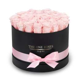 Round box of pale pink roses with a pink ribbon