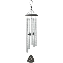 Metal wind chime with silver tubes and a black top and clapper