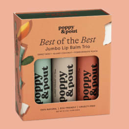 Boxed trio of lip balms in peach packaging